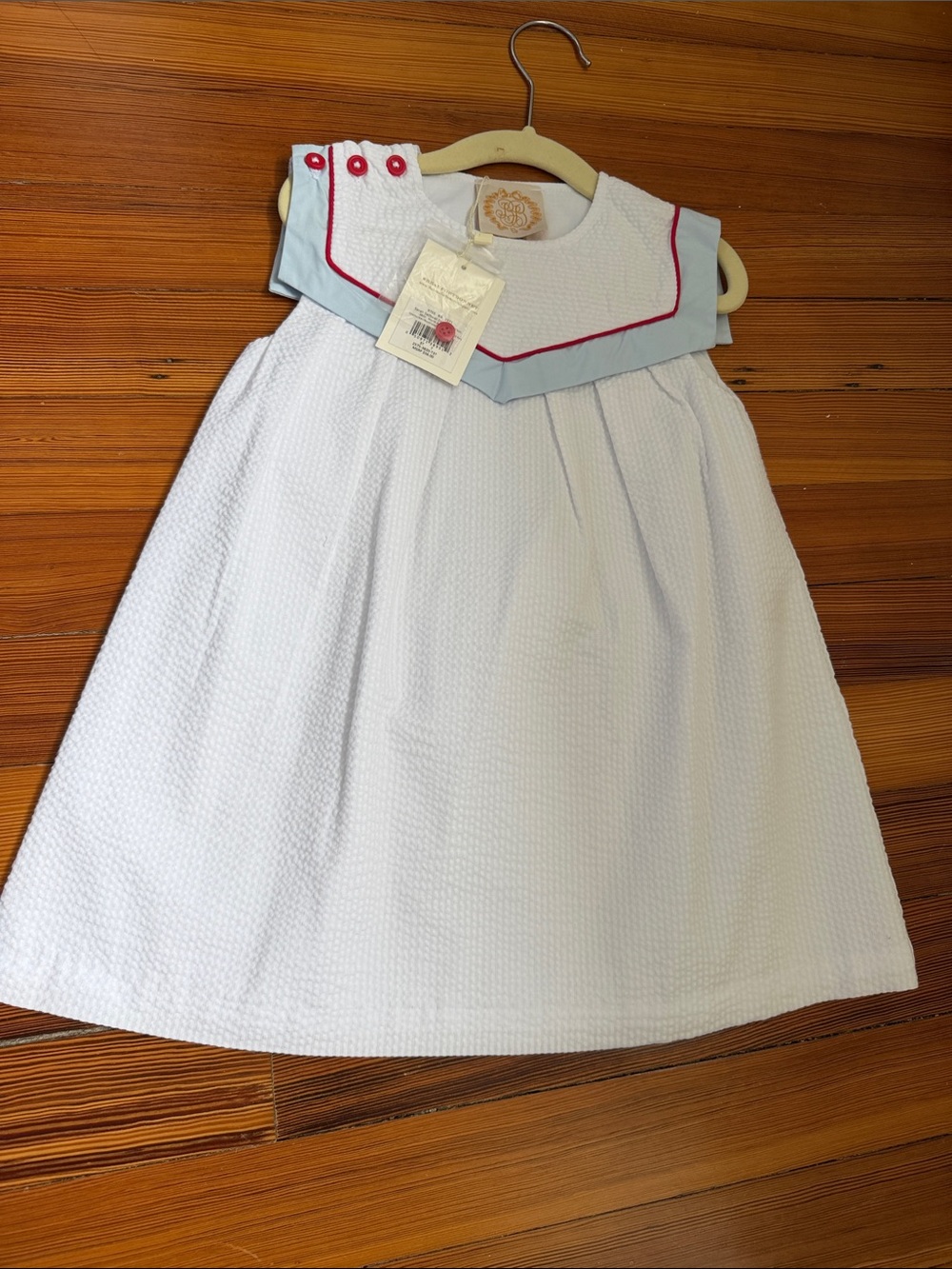 Girls' White Textured Dress with Light Blue Collar and Pink Trim